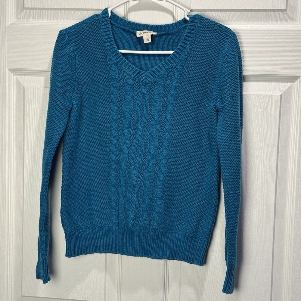 St Johns Bay Size S Teal Blue Cable Knit Womens long Sleeve Sweater V-Neck